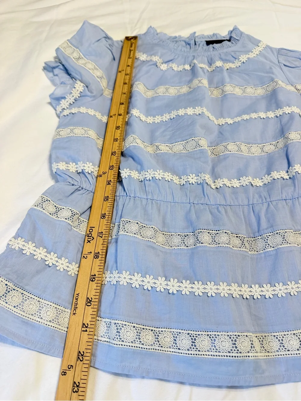 J.Crew Re-Imagined Blue Cotton Embroidered Lace Puff Sleeve Peasant Blouse Small